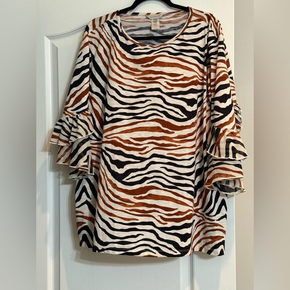 Multiples Zebra Print Ruffle Sleeve Top - Black and Brown